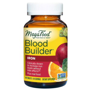 Bottle of MegaFood® Blood Builder® iron supplement, 60 tablets, with beets and orange on label, clinically shown to increase iron levels without side effects.