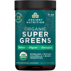 Ancient Nutrition Organic SuperGreens powder with spirulina, chlorella, ashwagandha, matcha, probiotics, and superfood blend.