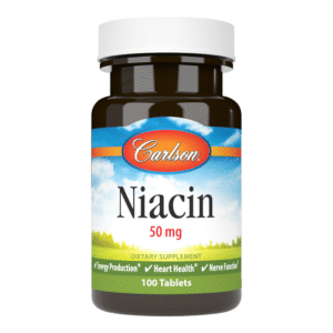 Carlson Niacin 50 mg dietary supplement bottle supporting energy, heart health, and nerve function.