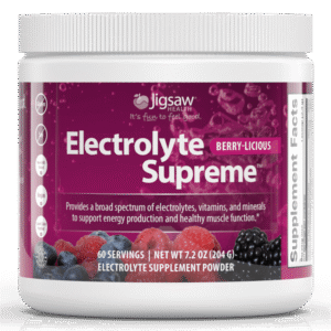 Jigsaw Electrolyte Supreme Berry-Licious supplement powder, 60 servings, with electrolytes, vitamins, and minerals for hydration and energy