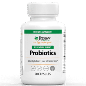 igsaw Health Essential Blend Probiotics bottle with 90 capsules for digestive health and balanced intestinal flora.