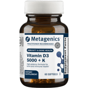 Metagenics Vitamin D3 5000 + K dietary supplement bottle, 60 softgels, for bone and immune health.