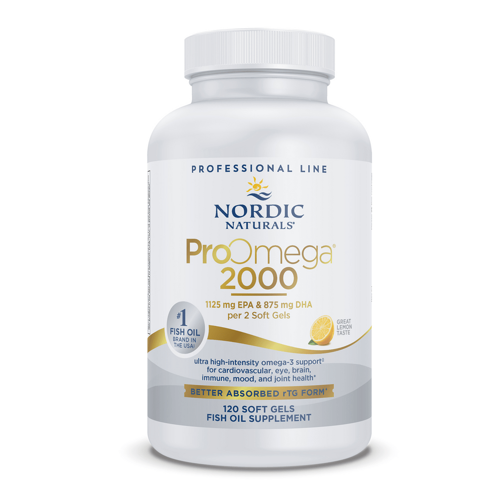 Nordic Naturals ProOmega 2000 fish oil supplement bottle, 120 soft gels, ultra high-intensity omega-3 EPA and DHA