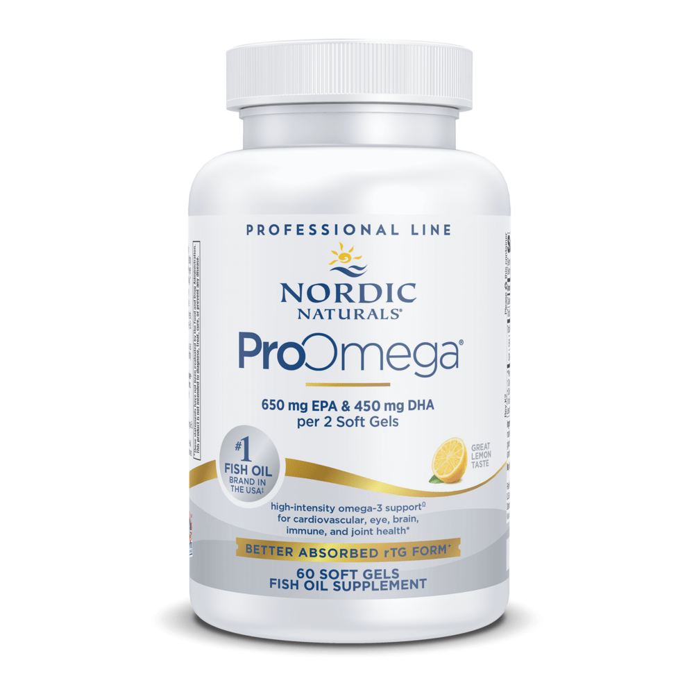 Nordic Naturals ProOmega fish oil supplement bottle, 60 soft gels, high-intensity omega-3 EPA and DHA