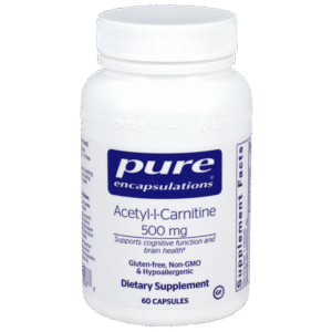 Pure Encapsulations Acetyl-L-Carnitine 500 mg dietary supplement bottle, 60 capsules, supports cognitive function and brain health.