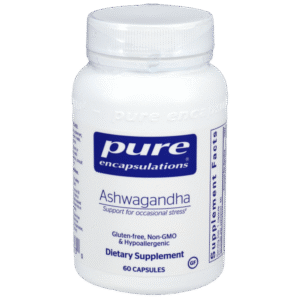 Pure Encapsulations Ashwagandha 500 mg dietary supplement bottle, 60 capsules, supports stress relief and overall health.