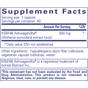 Supplement facts for Pure Encapsulations Ashwagandha showing 500 mg KSM-66 ashwagandha root extract per capsule, 60 servings per container.