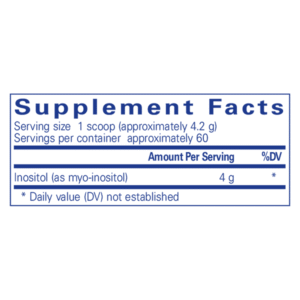 Supplement facts for Pure Encapsulations Inositol powder showing 4 g myo-inositol per scoop, approximately 60 servings per container.