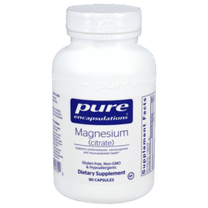 Pure Encapsulations Magnesium Citrate 150 mg dietary supplement bottle, 90 capsules, supports energy, metabolism, and heart health.