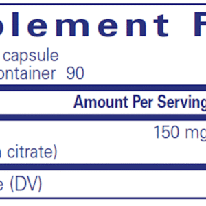 Supplement facts for Pure Encapsulations Magnesium Citrate showing 150 mg magnesium per capsule, 90 servings per container.