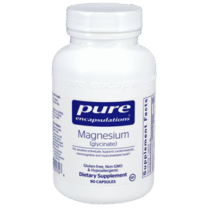 Pure Encapsulations Magnesium Glycinate dietary supplement bottle, 90 capsules, gluten-free and hypoallergenic.