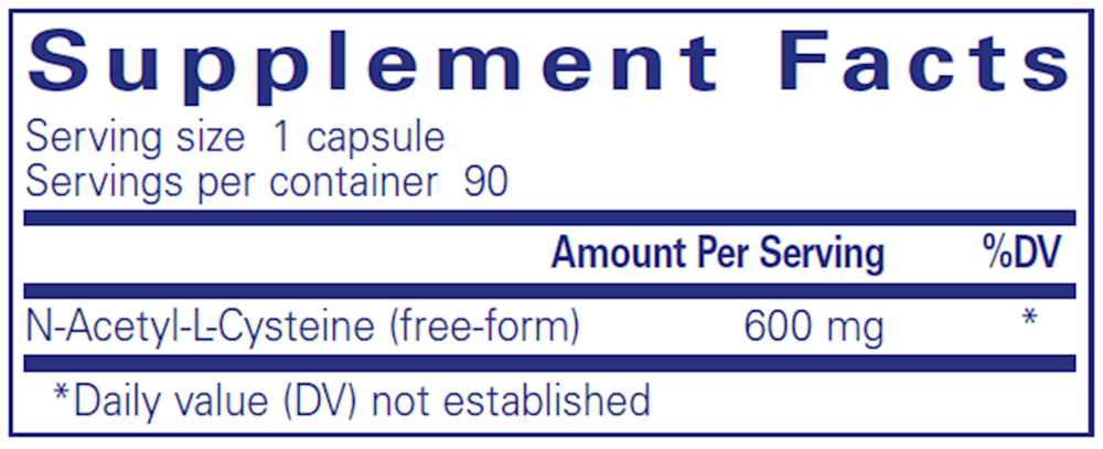 Supplement facts for Pure Encapsulations NAC showing 600 mg N-Acetyl-L-Cysteine per capsule, 90 servings per container.