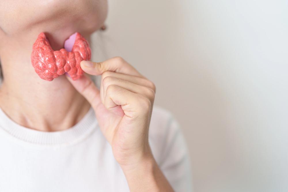 close up of woman touching thyroid gland with anatomical model to indicate thyroid disorder or health check