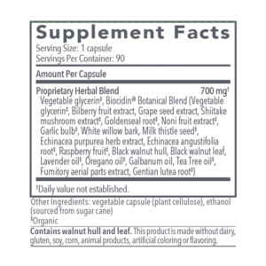 Supplement facts label for Biocidin Botanicals Biocidin broad-spectrum liquid capsules showing 700 mg proprietary herbal blend per capsule