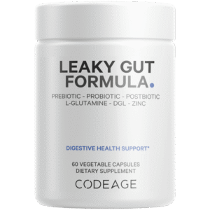 Codeage Leaky Gut Formula bottle, digestive health support with prebiotics, probiotics, postbiotics, L-glutamine, DGL and zinc