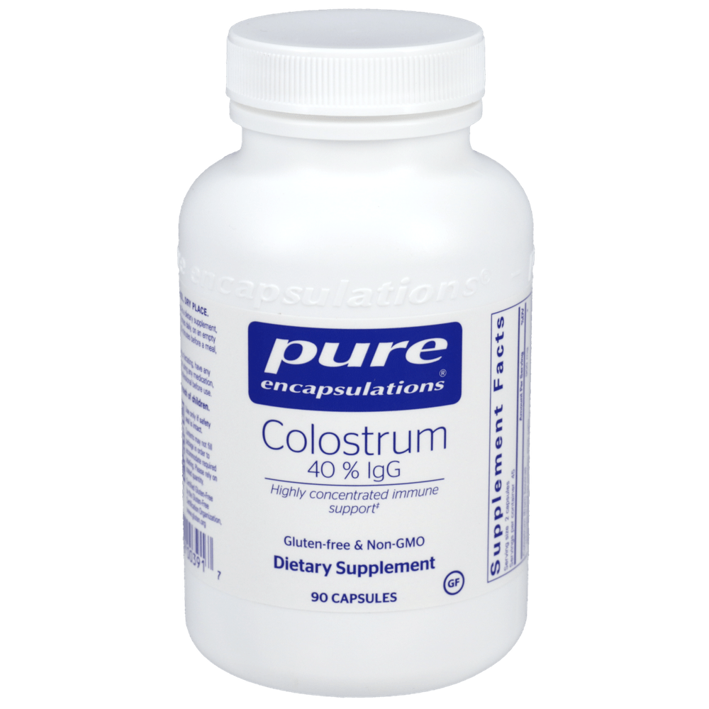 Pure Encapsulations Colostrum 40% IgG dietary supplement bottle, 90 capsules, highly concentrated immune support