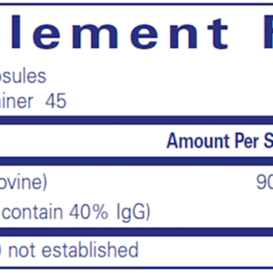 Supplement facts for Pure Encapsulations Colostrum showing 900 mg bovine colostrum standardized to 40% IgG per 2-capsule servin