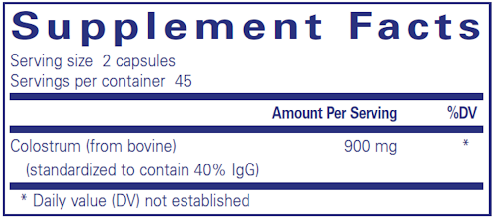 Supplement facts for Pure Encapsulations Colostrum showing 900 mg bovine colostrum standardized to 40% IgG per 2-capsule servin