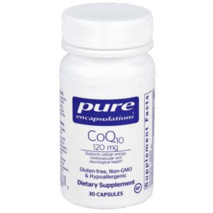 pure encapsulations coq10 120 mg bottle 30 capsules gluten free non gmo hypoallergenic cellular and cardiovascular energy support