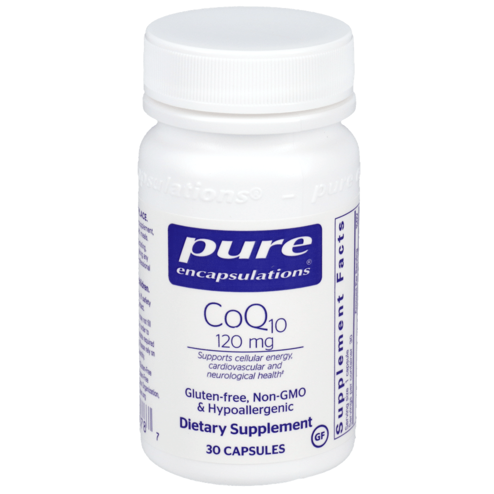 pure encapsulations coq10 120 mg bottle 30 capsules gluten free non gmo hypoallergenic cellular and cardiovascular energy support