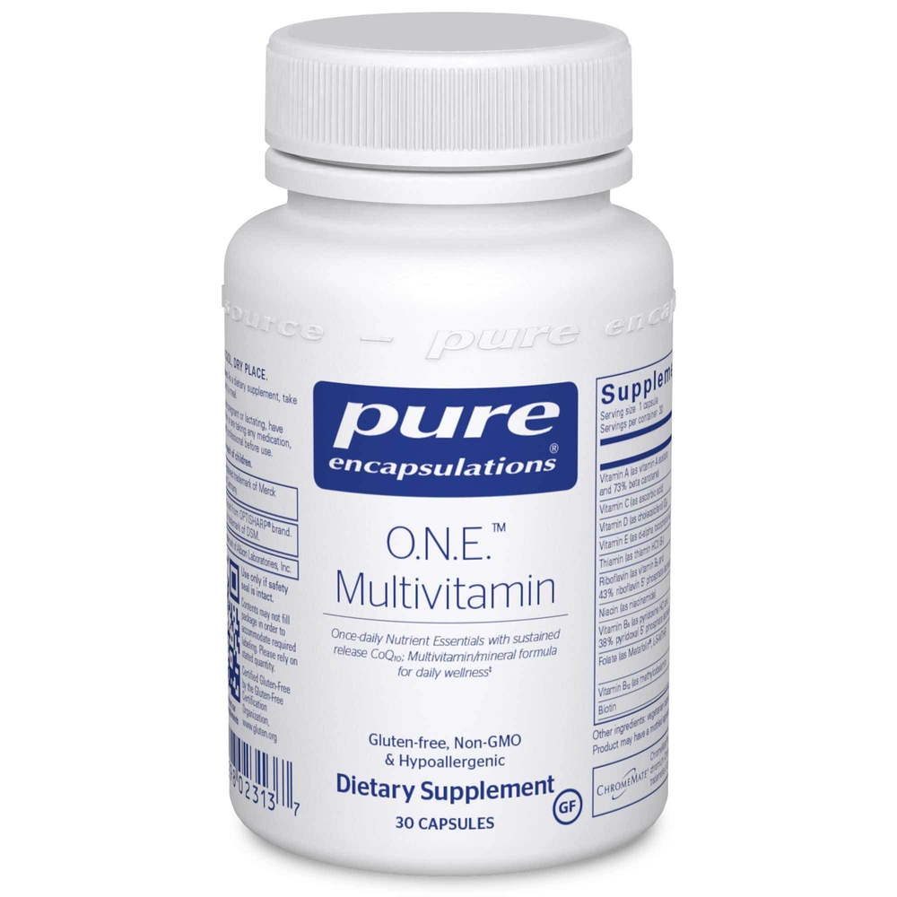 pure encapsulations o.n.e. multivitamin bottle 30 capsules gluten free non gmo hypoallergenic once daily multivitamin with coq10